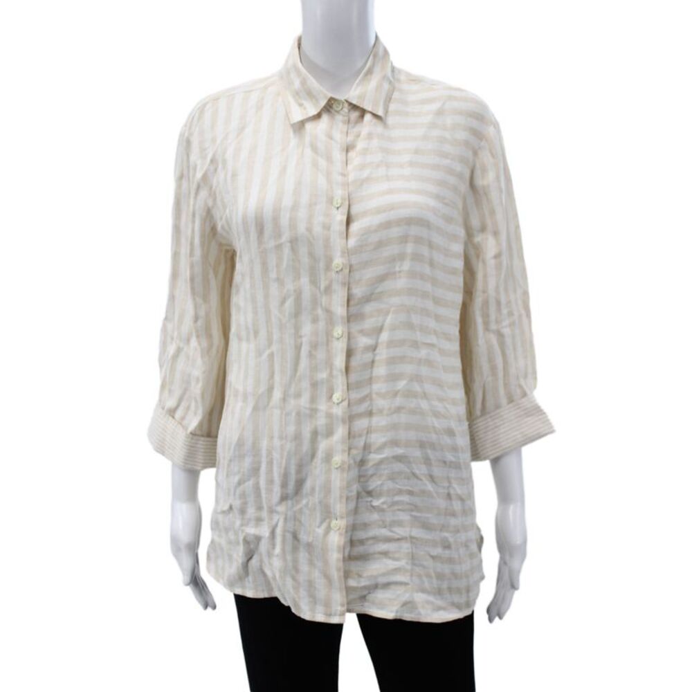 Hinson Wu Women Beige Striped Linen Collared Button-Up 3/4 Sleeve Top Size 1